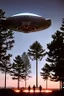 Placeholder: school kids see a saucer shaped ufo flying over tall pine trees, near a high voltage powerline with (three lights underneath) and lots of lights all around the edge, the year is 1966 in color, concept art, by Asaf Hanuka, by Weta Digital, Electric Colors, Screen Space Global Illumination, in a symbolic and meaningful style