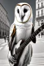 Placeholder: One single mature barn owl, playing guitar in the street , Vienna, friendly, sunny day, model style, hyper realistic, extremely accurate, delicate, extremely detailed, Graphic novel style, wide-angle, open aperture, superfine pencil