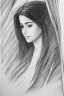 Placeholder: Pencil sketch of Young woman look through the window , Arab features,sad, long wavy hair, full body، on lined paper