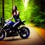 Placeholder: Very attractive woman sitting on a motorcycle. The bike is Yamaha. In the background is a forest. Realistic details. Photorealistic. 4K. Wide-angle lens.