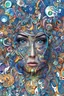 Placeholder: masterpiece woman front face portrait, (detailed eyes), embedded, asymmetrical composition, ornaments, objects agglomeration, small air duct pipes, intricate, complex, colorful, 4k, sharp