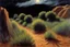 Placeholder: cloudy Night, mistery and enigmatic influence, sci-fi, rocks, vegetations, rocky arid land, people, 80's space science fiction movies influence, otto pippel, fernand toussaint, and gustave caillebotte impressionism paintings