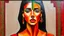 Placeholder: painting of a woman , cubist painting, tumblr, figurative art, asymmetrical face, red and green tones, arabic art, fantasy acrylic on canvas, trending artstion, trending on devian art, tribal art, (oil) painting,