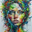 Placeholder: highly detailed, intricate, and vivid abstract art portrait of a young woman with fair skin, gazing directly forward with intense green eyes. Her face is intricately painted with a watercolor effect using a complex fusion of various colors such as blues, reds, yellows, greens, and purples, giving the impression of an explosion of color. The colors bleed into each other fluidly, creating an abstract and dreamlike quality that covers her entire face and hair. The portrait also features elements o
