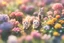 Placeholder: top view of a miniature flower farm scene with cute chibi anime gardener cats tending to the flower fields S<AI in sunshine, photorealistic, 3D, ethereal, cinematic postprocessing, bokeh, dof