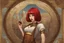 Placeholder: a skinny Cleopatra, with a bob red hairstyle, standing in a steampunk setting.