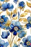 Placeholder: watercolor abstract big BLUE flowers with golden outlines on white background