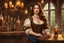 Placeholder: A young woman with pale skin and long brown hair in a fantasy tavern setting with intricate details. She is a tavern wench who is serving alcohol to a party of adventurers. High definition.