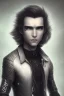 Placeholder: plauge doctor in balck leather clothes with silver hair, pale skin and bright green eyes smiling with sharp teeth, nice young face