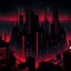 Placeholder: a large city with only tall deep black rectangular buildings with neon red outlines, a pitch black sky is above