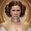 Placeholder: hyperspace background, complete and photo realistic detailed head to waist stunning photo realistic portrait of carrie fisher as Princess Leia in star wars with photo realistic updo hair by Mandy Jurgens and mucha and Richard Schmid and chuck close and chie yoshii, extraordinary and detailed ceremony dress of star wars,brown eyes