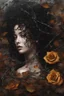 Placeholder: abstract creation of a beautiful girl with black curly hair, surrounded by black roses, thick metal chain broken, glass petals on the ground, autumn colours,dried out thorn bush, chaos,