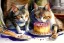 Placeholder: Two cats are having a birthday cake.. Highly detailed, smooth colours, realistic landscape. Aquarell