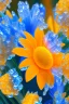 Placeholder: Blue flowers with dew drops, silver leaves and stems, golden ice, orange color background, glow, sun rays and glare, high detail, full detail, high resolution, glow, rendering, photorealistic, 55 mm, volumetric lighting, ray tracing, reflections studio lighting 4k poster acrylic art