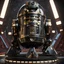 Placeholder: star wars r6 series astromech with short head, flat on top, shiny black body, gold trim, inside the jedi temple, centered portrait, hyperdetailed, dynamic lighting, hyperdetailed background, 8k resolution, volumetric lighting, fully symmetric