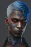 Placeholder: Brown skin, red eyes, straight short blue-grey hair, snake tattoo on neck, black clothes