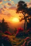 Placeholder: Paisaje de un atardecer como salido de un cuento de hadas,lleno de flores, árboles y animalitos encantados,colores vibrantes y nítidos,estilo vintage