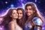 Placeholder: beautiful women with long hair, light eyes , with a little sweety smile, with his boyfriend that is a sweety strong cosmic warrior in peace. in a background of stars and bright beam in the sky