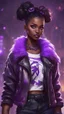 Placeholder: arcane tv show style, league of legends, solo, 1girl, attractive teenager, african, dark skin, dark-brown eyes, black hair, pair buns, (violet strand in forehead bang), necklace, earrings, modern makeup, (detailed skin texture), old leather jacket with violet fur collar, oversized torn t-shirt with half-erased unknown music group logo, You can see through the holes in the t-shirt her acid-green top, dark background, bokeh, cinematic atmosphere