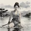 Placeholder: A surprised Nomadic samurai woman, 24-years-old wearing a one-piece swimsuit with patterns in traditional Chinese brush, expressive line, ink washes to fish in the water, poised on hands and knees, the overcast sky in the background, vintage 1980's photo