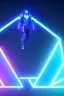 Placeholder: neon blue, flying parts of armor in form of triangles, cyber armor, geometric patterns on armor, male, orbiting triangle