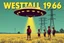Placeholder: bumper sticker design, westall large flat ufo, in bold heading text "WESTALL 1966", lots of school children looking up in a field with high voltage powerline and gumtree's, mysterious cool, bold