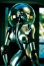 Placeholder: female humanoid robot, beautiful like a supermodel from the sixties, beautiful eyes, sexy, helmut newton, glass bubble