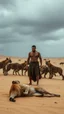 Placeholder: A man standing in the desert sands surrounded by hyenas tattacked him and he is laying on the ground to defend himself one of the hyenas attack him from the back and he felts on the ground , stormy weather and cloudy gray depressive rnverment