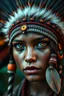 Placeholder: Close-up portrait hyper-realistic of a beautiful indigenous Amazonian girl, highly detailed facial textures with natural skin pores, realistic micro details, expressive face with glowing eyes in red, yellow, and green colors. Subtle tribal paint marks on her face, smooth skin glow, cinematic sharpness. She wears a grand feather headdress inspired by Apache Indian style, ornate and majestic with layered feathers. Ultra-detailed realism, 8K sharp textures, soft lighting and dramatic depth of field