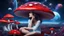 Placeholder: beautiful women sitting with red bor on blue, red, purple mushroom in space, planets at the back ground, hyper realistic.