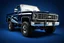 Placeholder: front corner 1976 Chevrolet square body truck(lifted) facing to viewer's left, with shark nose graphic on sides, navy blue background