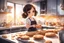 Placeholder: cute chibi brunette girl baking cookies in a modern kitchen in sunshine, watercolor and black in outlines, golden glitter, ethereal, cinematic postprocessing, bokeh, dof