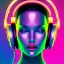 Placeholder: close-up of a female face with headphones in retro colors, synthwave style, 2d, digital, vector art