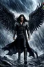 Placeholder: Badass fallen angel, attractive man with long black hair, dark leather cloth, boots, high quality, detailed, cinematic. digital art, fantasy, sci-fi, storm, masterpiece