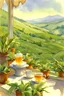 Placeholder: plantains of tea, tea plants, hills, beautiful view, bright colors,morning light, pen line sketch and watercolor painting ,Inspired by the works of Daniel F. Gerhartz, with a fine art aesthetic and a highly detailed, realistic style