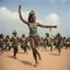 Placeholder: [art by Kevin Eastman and Peter Laird] A surprised Niger sublime dancer woman, 24-years-old wearing a white and green one-piece swimsuit , dancing gracefully with a walking orchestra, the overcast sky in the background, vintage 1980's photo