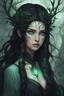 Placeholder: Young beautiful female Hexblood Warlock, long dark brown-black hair styled in elegant half-braids, glowing pale emerald-green eyes, delicate facial features. Thin twisted black thorn-like branches grow naturally from one side of her head, weaving seamlessly through her hair like an eerie crown, with tiny dark leaves and vine-like roots blending into her scalp. Faint dark vine markings trail along her neck and collarbone. Dark fantasy, realistic, cinematic, highly detailed.