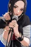 Placeholder: attractive female country music singer leaning forward while holding microphone in one hand, other hand brought up to side of neck, change clothing to plaid in natural tones, leather bracelets on wrists, long hair, mouth open singing, rings on fingers, eyes closed