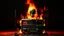 Placeholder: 4K. REALISTIC FULL DETAILS. LOGO EMISSION DE RADIO HARDROCK FIRESTARTER TERMINATOR. FLAMMES EN FOND D IMAGE RADIO QUI BRULE VILLE EN FEU