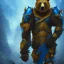 Placeholder: An angry bear warrior in blue and gold armor, background of Inka jungle, high detail, smooth, realistic, digital illustration, Artstation, artgerm,