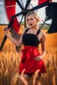 Placeholder: Beautiful russian girl, blonde hair, bold lipstick, windmill, wheat field, braided bangs, braided bobcut, solo, apron,thick thighs, side-tie panties, black hair,red dress, portrait