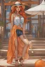 Placeholder: Full body of beautiful girl nami, Hair Color: Orange, Style: Wavy, Outfit Top: Blue, Outfit Bottom: Orange, Shoes: Brown, Accessories: Tangerine, Weapon: Clima-Tact, Hat: Straw, Tattoo: Pinwheel, Earrings: Hoops, sophisticated,, beautiful woman, hyper realistic, hyperrealism, photoreal, realistic, photorealistic, soft pastels, full-body, standing, long shot, wide angle, aesthetic