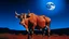 Placeholder: A brown bull with exaggerated muscles standing on a red ground with a blue sky and a full moon in the background