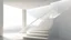 Placeholder: A minimalist architectural rendering of an interior space, featuring a staircase, a window with a view of the ocean, and a person in the background. The color palette is primarily neutral, with shades of white, gray, and beige dominating the scene. The lighting is soft and diffused, creating a calm and airy atmosphere. The staircase is a prominent feature, with white steps and a simple metal railing. It leads to an upper level, and a small square window is visible on the wall next to the stairs.