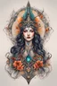 Placeholder: Create a captivating modern 2d colorfull ink tattoo design for print , prestigious Witch using the elegant influences of feudal art style, for print, dynamic elements from fashion and design, and bold European contemporary art aesthetics, framing centered in the center, distanced from the edges of the paper perimeter, perfect anatomy, bauhaus, Divine Proportion,