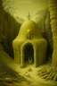 Placeholder: A pale greenish yellow underground temple with a poisonous scorpion painted by Grant Wood