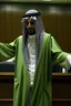 Placeholder: A person wearing a Saudi formal suit pleads before a court. The picture is not clear