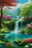 Placeholder: ARBOLES FRONDOSOS CON DISTINTOS TONOS DE VERDES, FLORES DE COLORES, UN PEQUEÑO LAGO DE AGUA CRISTALINA CON PIEDRAS Y UNA CASCADA RELUCIENTE