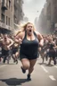 Placeholder: an obese terrified blonde woman in a crossfit outfit desperately running away from an angry mob of thousands of people chasing her down a city street