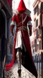 Placeholder: Assassin creed con dagas y espadas detalles en los pantalones en el pecho y en las botas caminando por Venezia capa arte digital hiperdetallado detalles intrincados obra de arte blanco rojo 8k